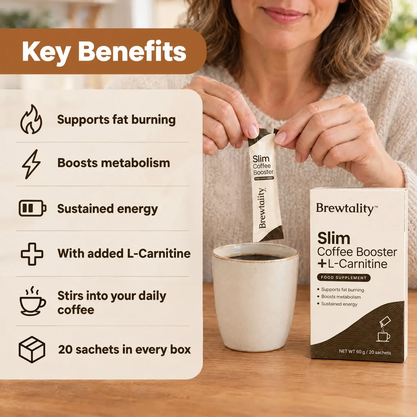 Key Benefits — woman stirring a sachet into her coffee