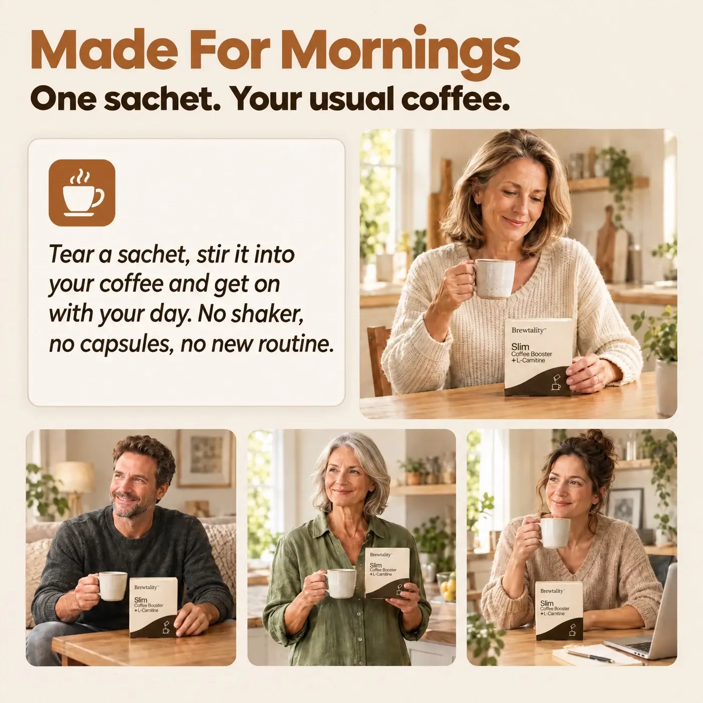 Made For Mornings — collage of people enjoying their coffee